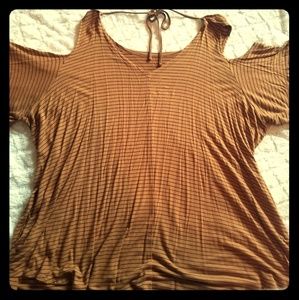Cold shoulder mustard striped top